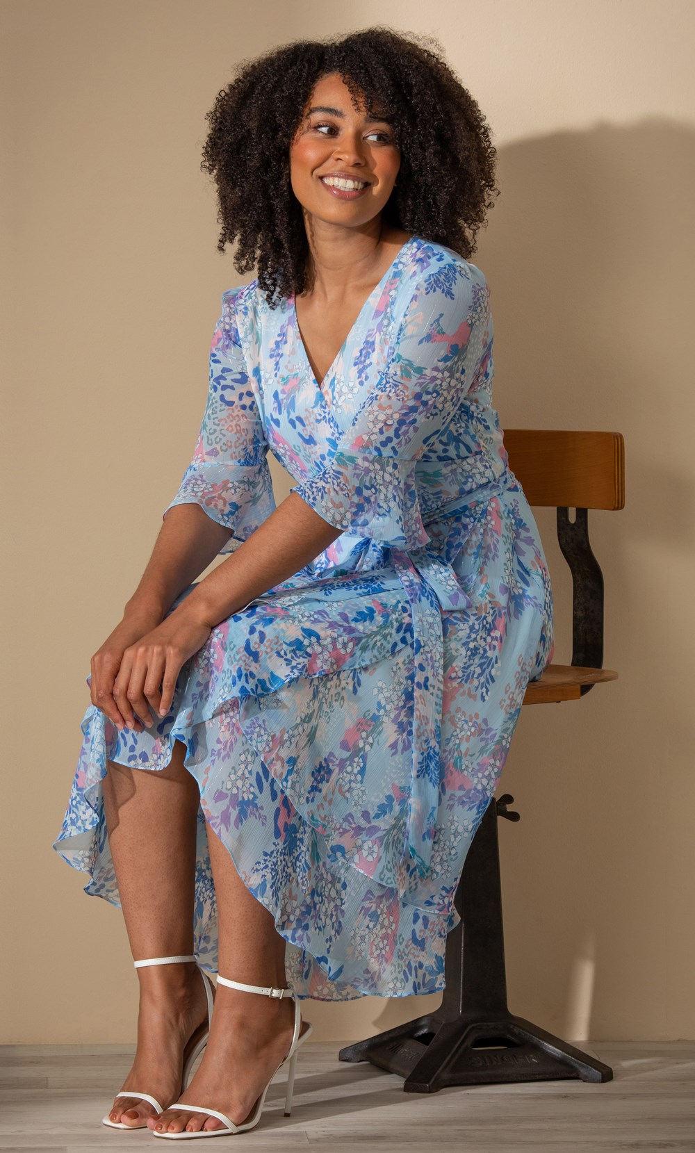 Brands - Klass Floral Print Layered Chiffon Wrap Midi Dress Blue Multi Women’s