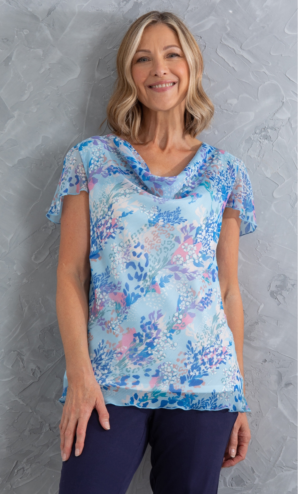 Brands - Anna Rose Anna Rose Floral Print Cowl Neck Top Blue Multi Women’s