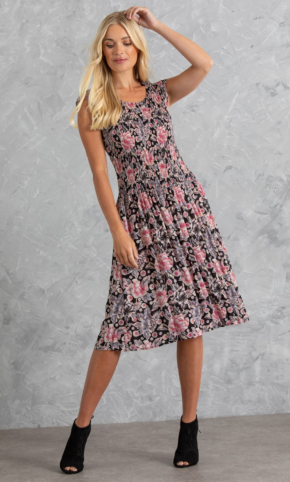 Pleated Floral Print Chiffon Dress