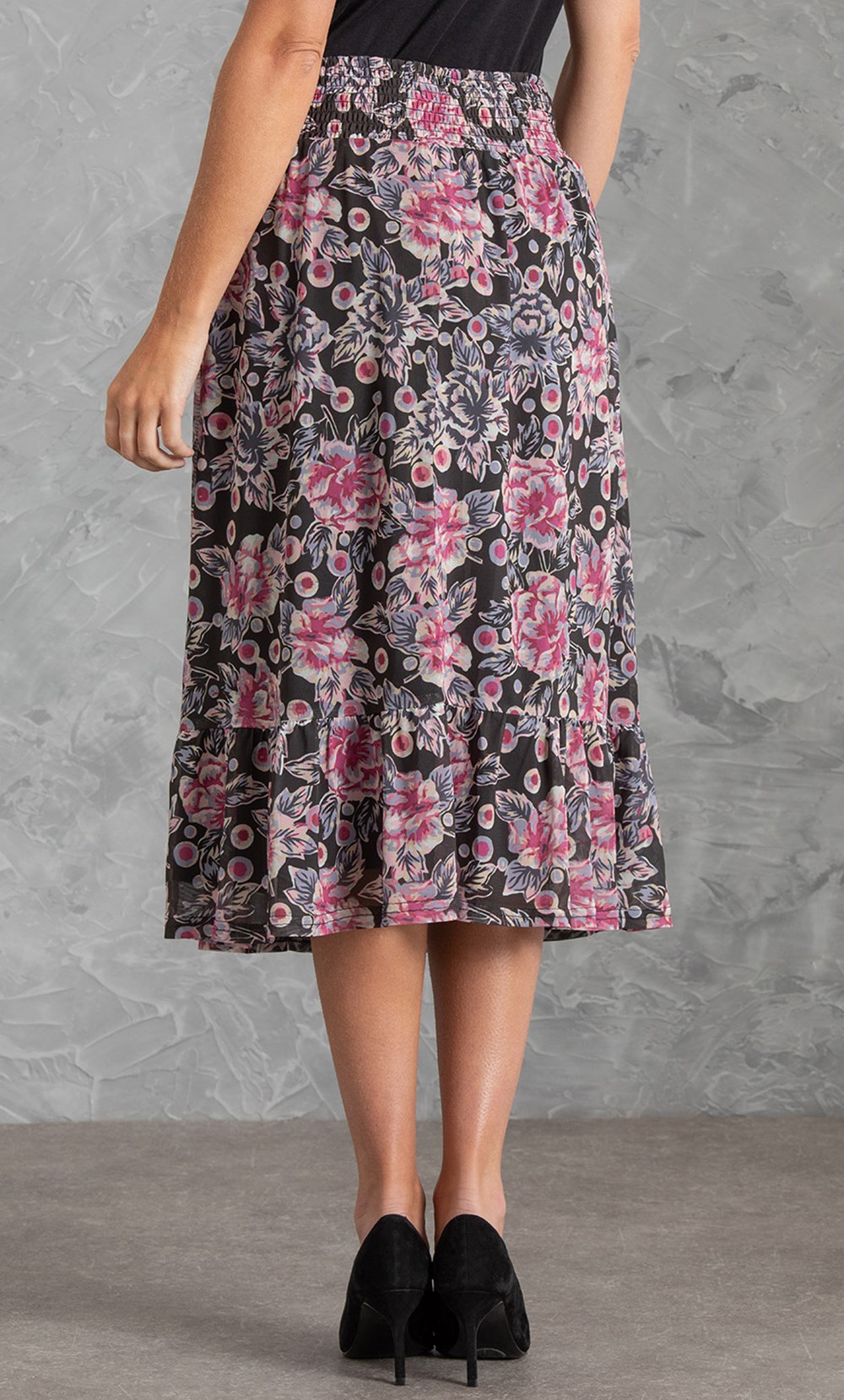 Floral Printed Mesh Smocked Waist Midi Skirt