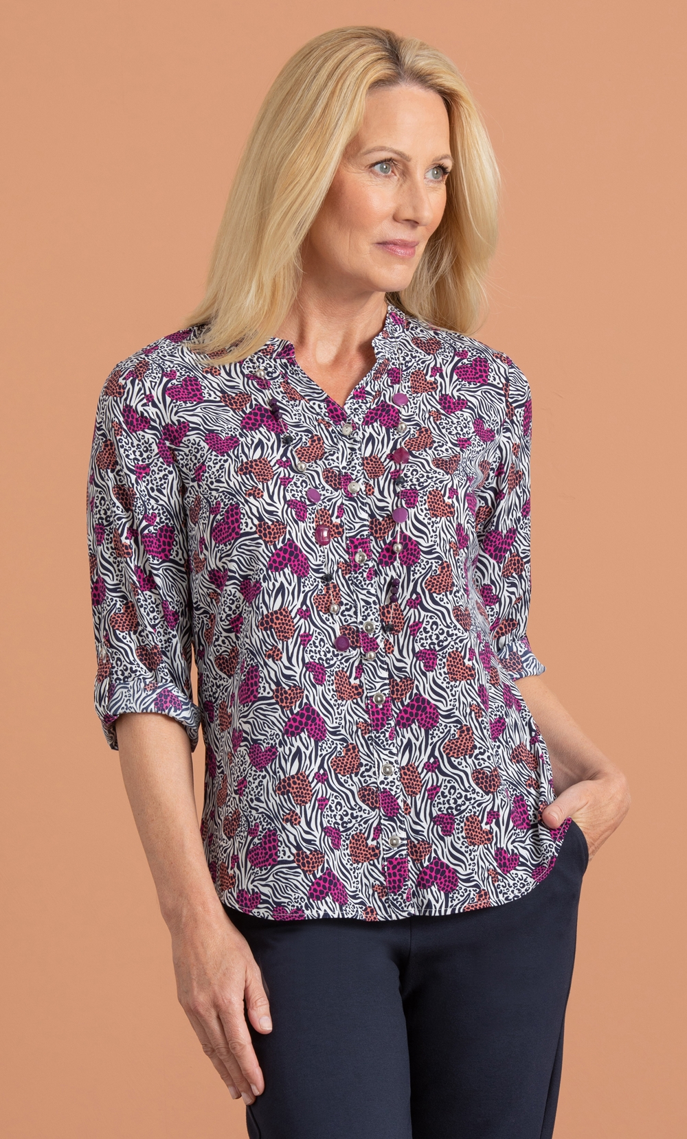 Anna Rose Heart Print Blouse With Necklace