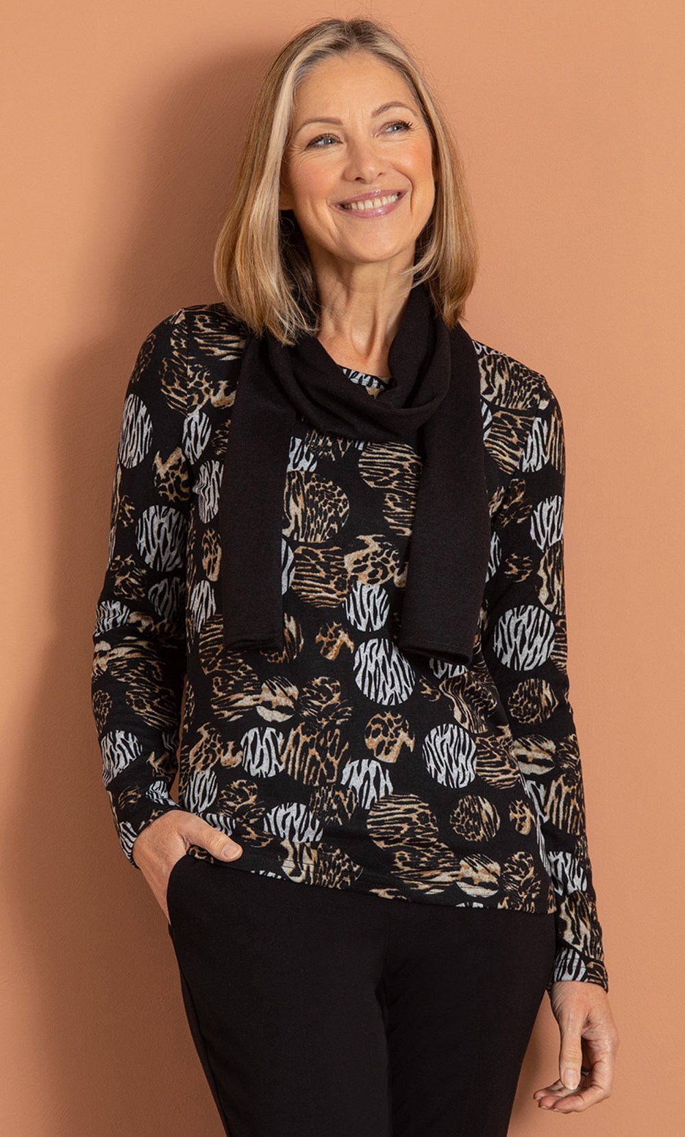 Brands - Anna Rose Anna Rose Animal Circle Print Top With Scarf Black/Gold/Multi Women’s