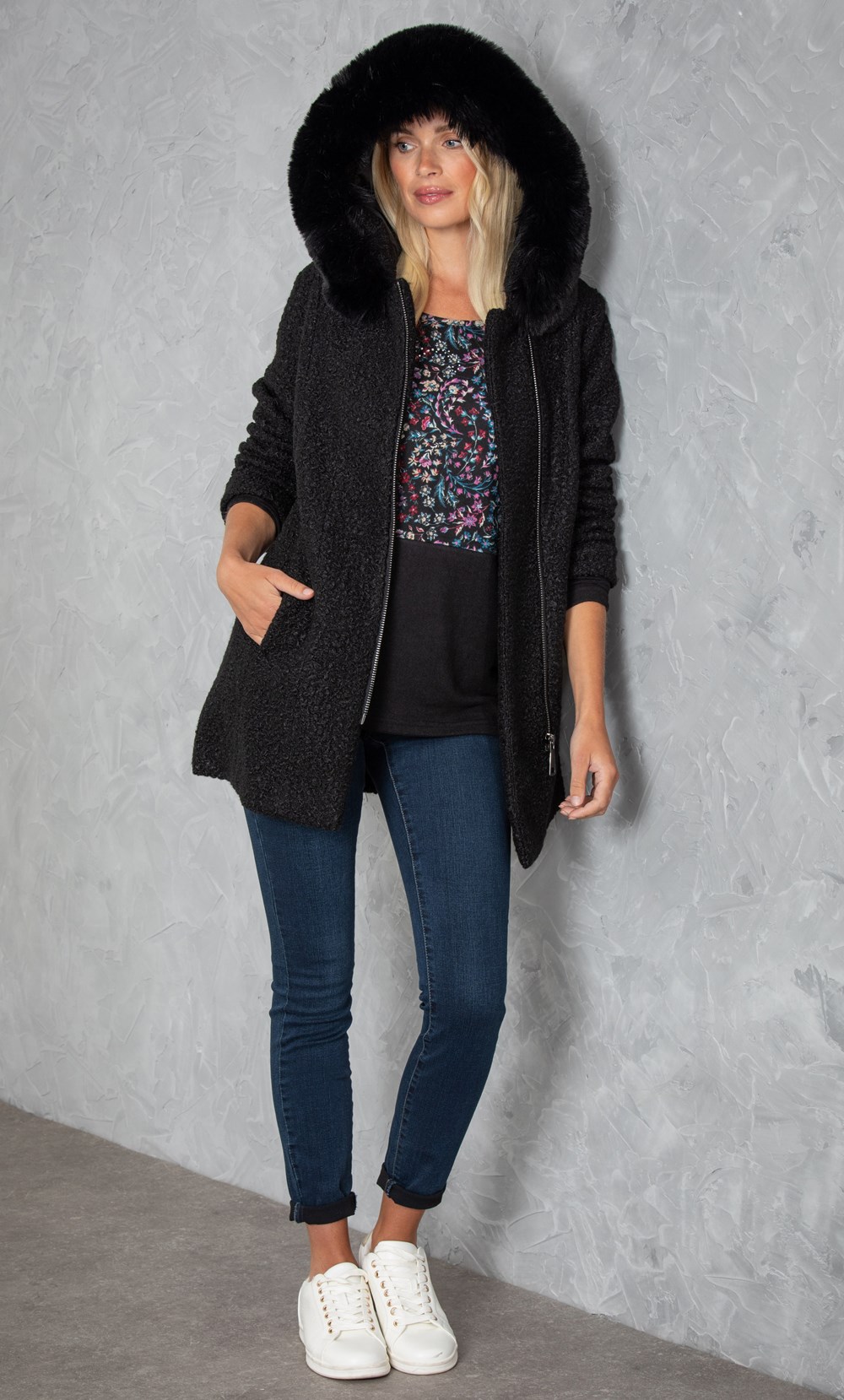 Faux Fur Trim Hooded Boucle Jacket