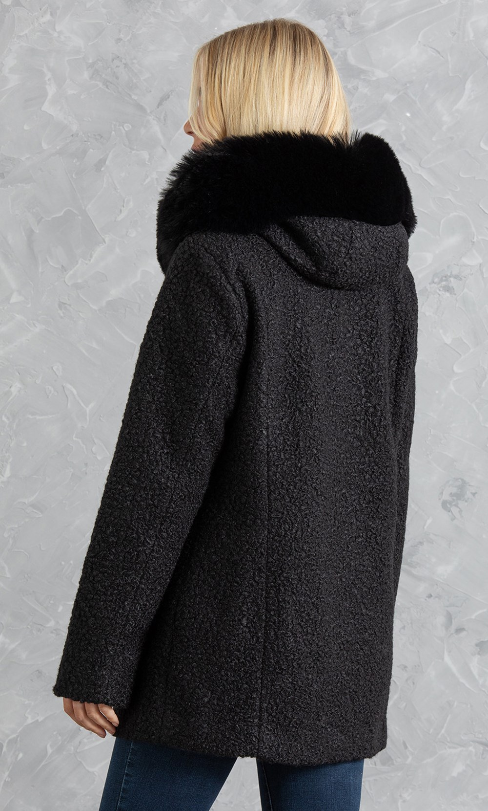 Faux Fur Trim Hooded Boucle Jacket