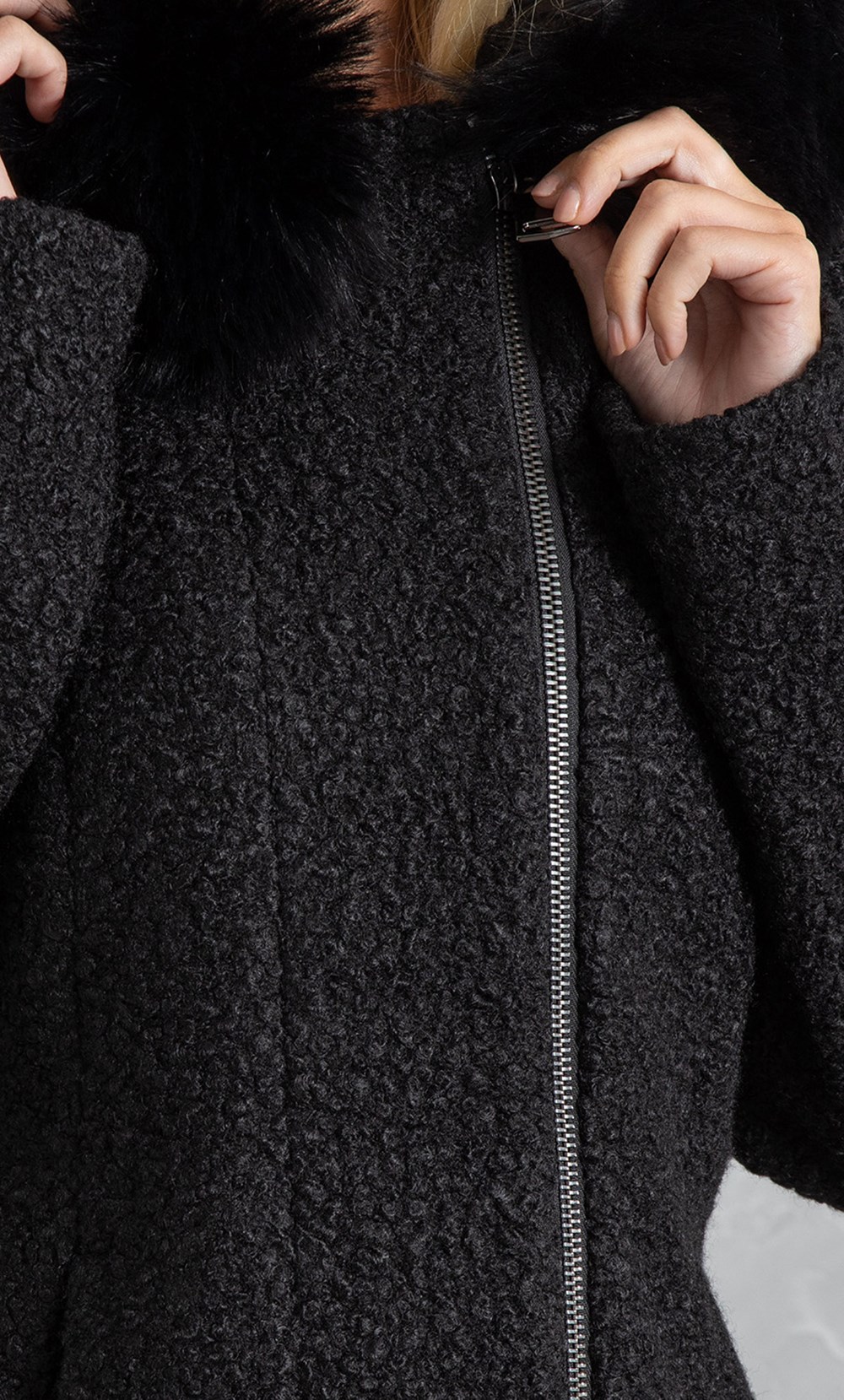 Faux Fur Trim Hooded Boucle Jacket