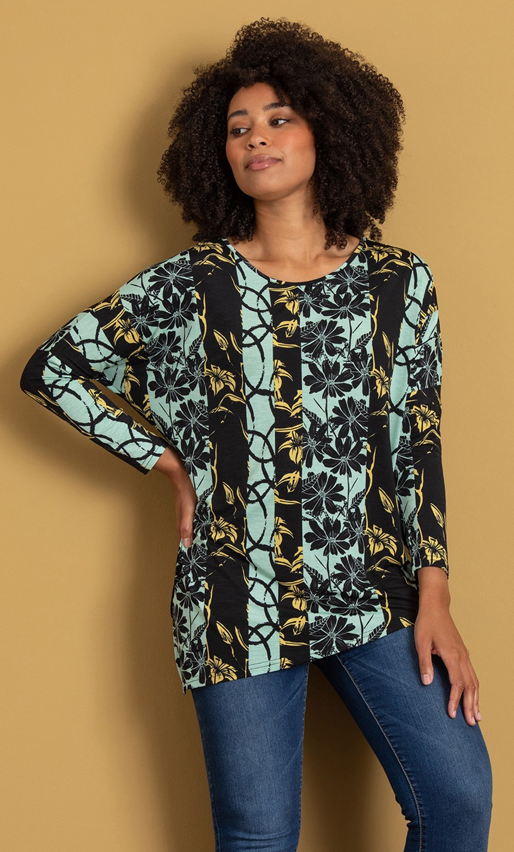 Stripe And Floral Print Asymmetric Tunic Top