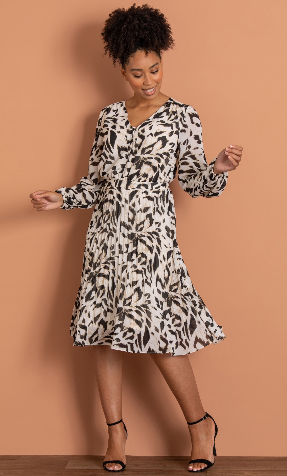 Pleated Animal Print Long Sleeve Chiffon Dress