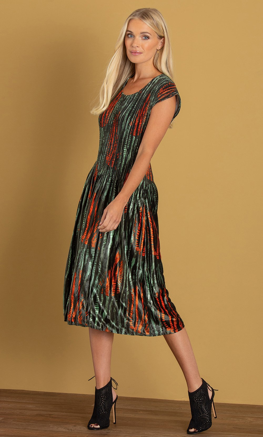 Printed Velour Pleated Dress