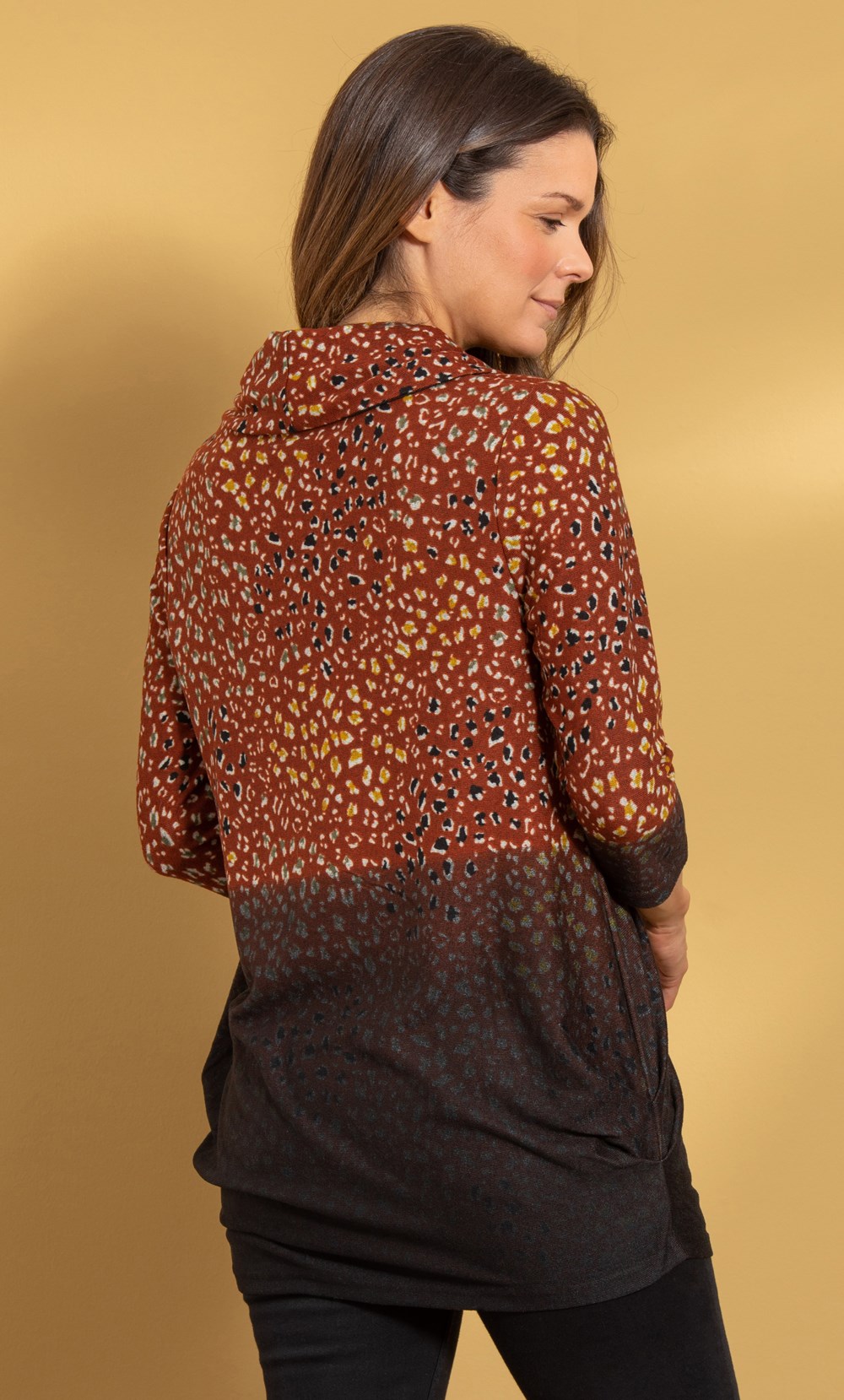 Animal Print Knitted Cowl Neck Tunic Top