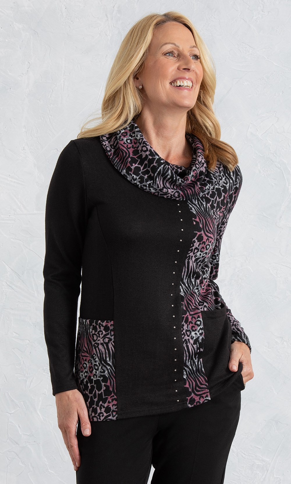 Anna Rose Patchwork Cowl Neck Knit Top in Multi | Klass