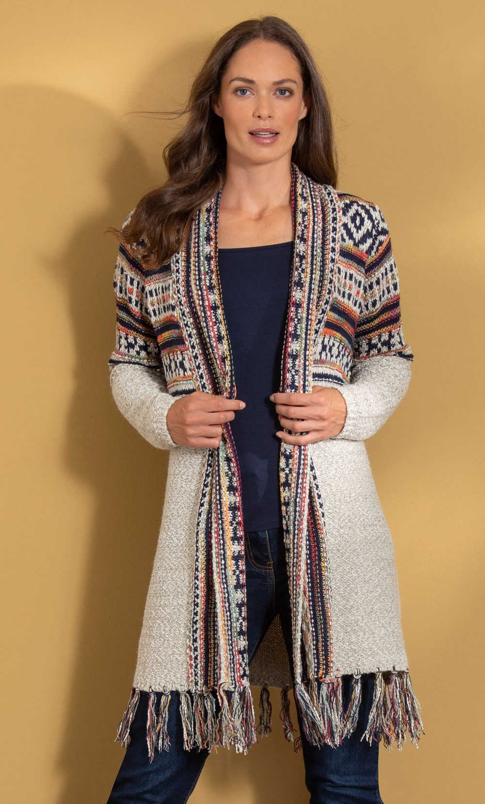 Nordic Print Open Front Tassel Cardigan