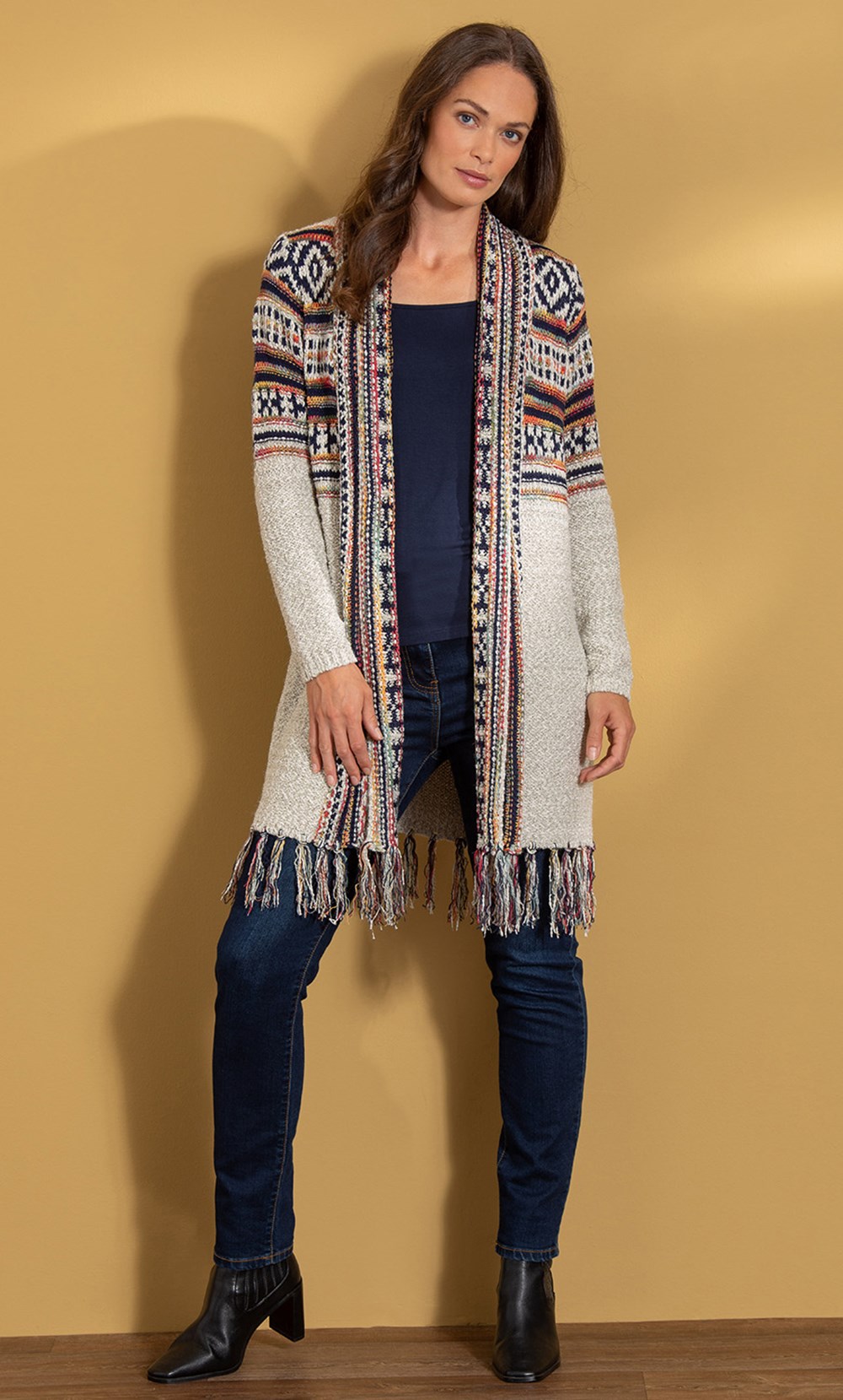 Nordic Print Open Front Tassel Cardigan