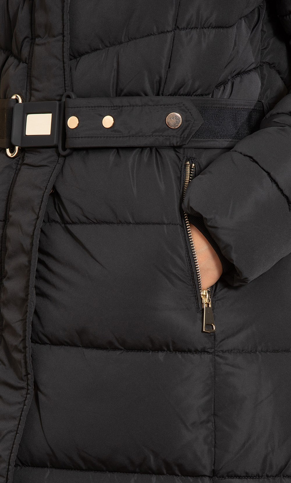 Padded Longline Belted Coat in Black Klass