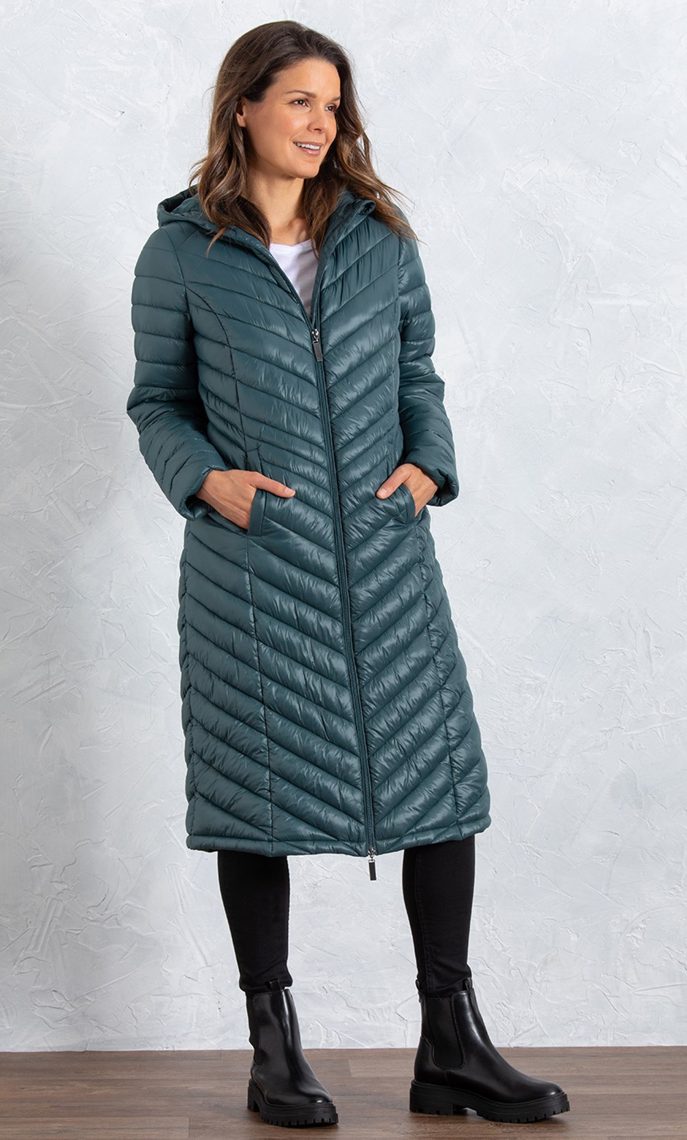 Longline Padded Hooded Coat in Green | Klass