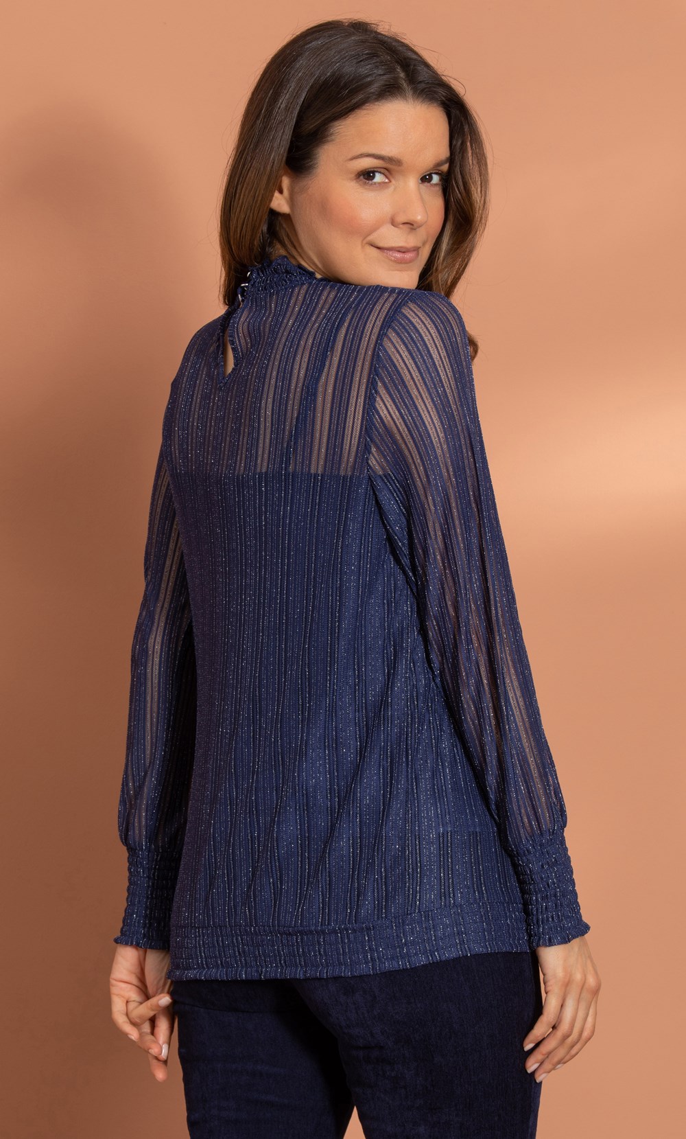 Lurex Stripe Mesh Long Sleeve Top