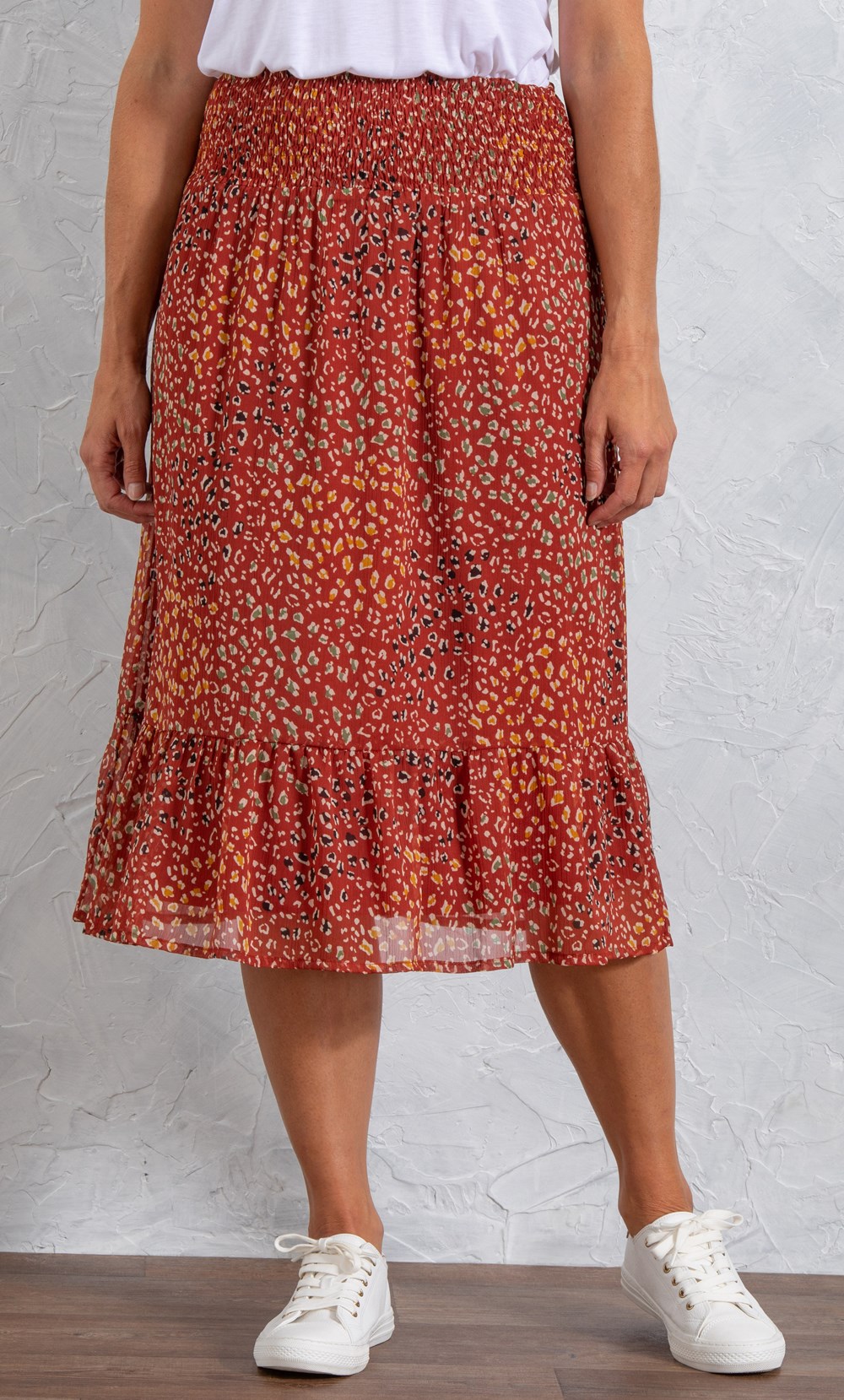 Animal Printed Mesh Smocked Waist Midi Skirt