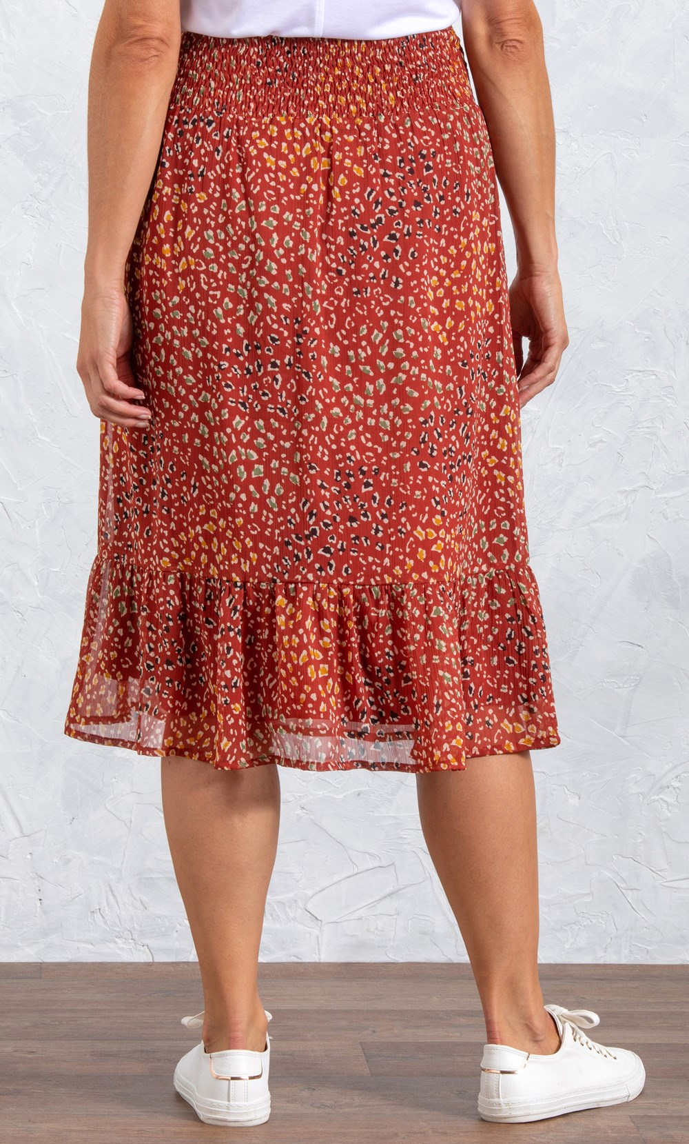 Animal Printed Mesh Smocked Waist Midi Skirt