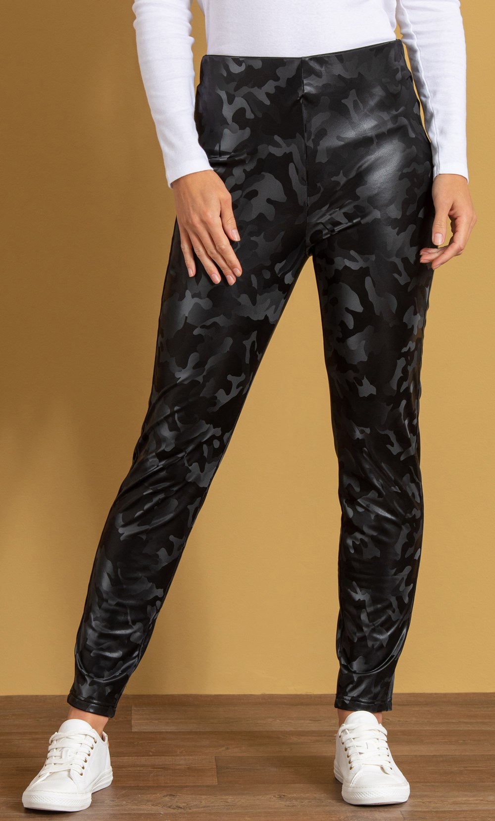 Camouflage Faux Leather Fleece Lined Trousers