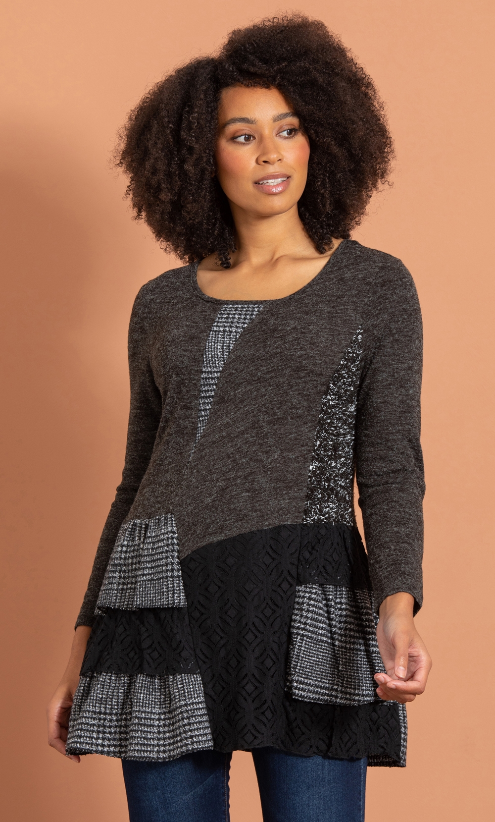 Patchwork Layered Knit Tunic Top in Black | Klass