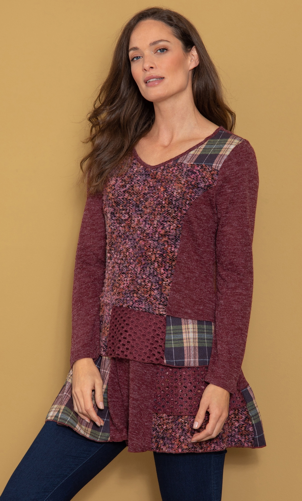 Patchwork Layered Knit Tunic Top in Pink | Klass