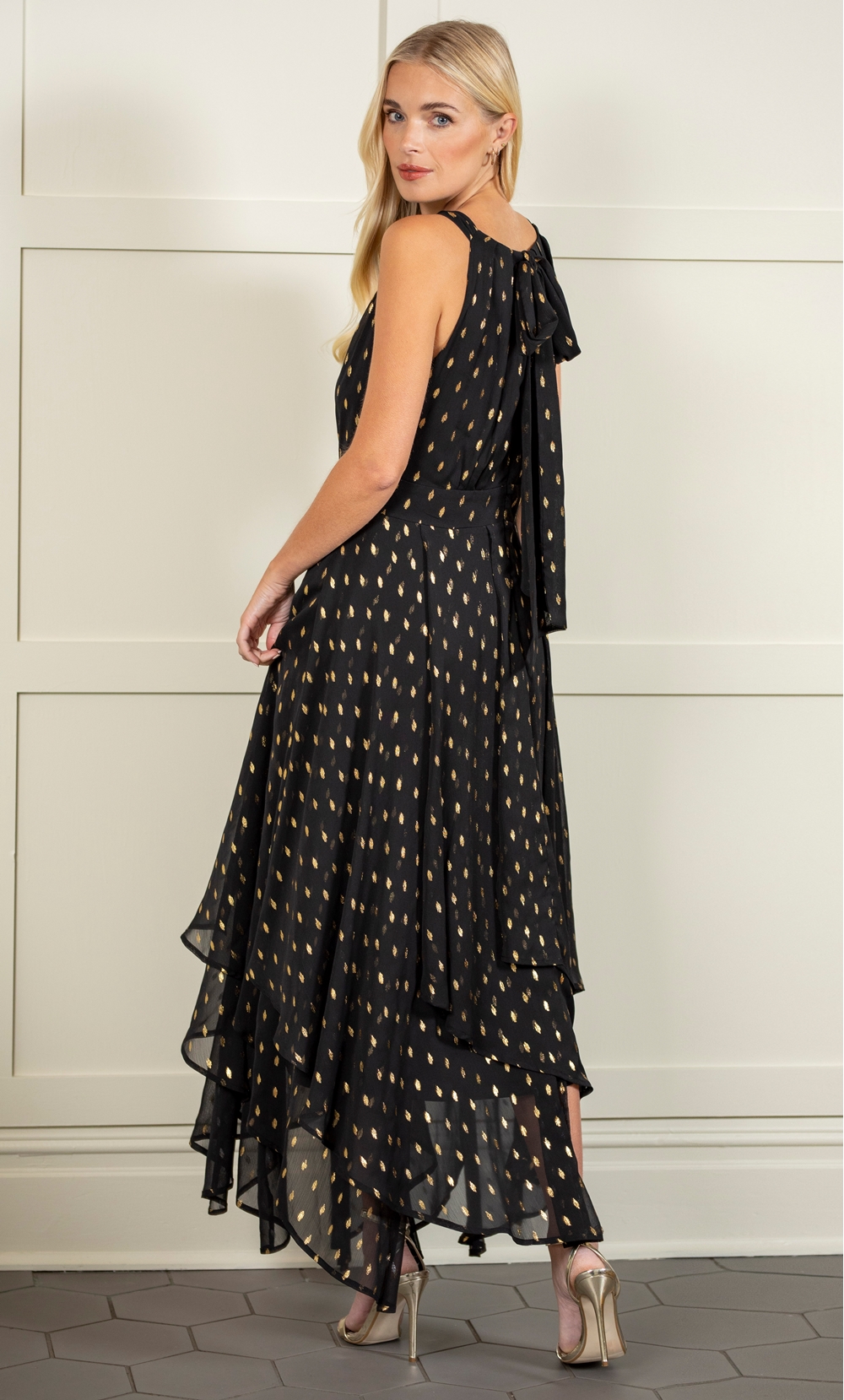 Foil Printed Layered Chiffon Maxi Dress