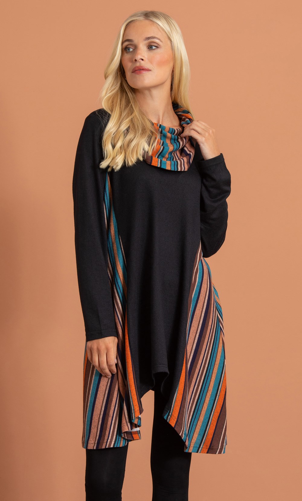 Stripe Panel Cowl Neck Knit Tunic Top