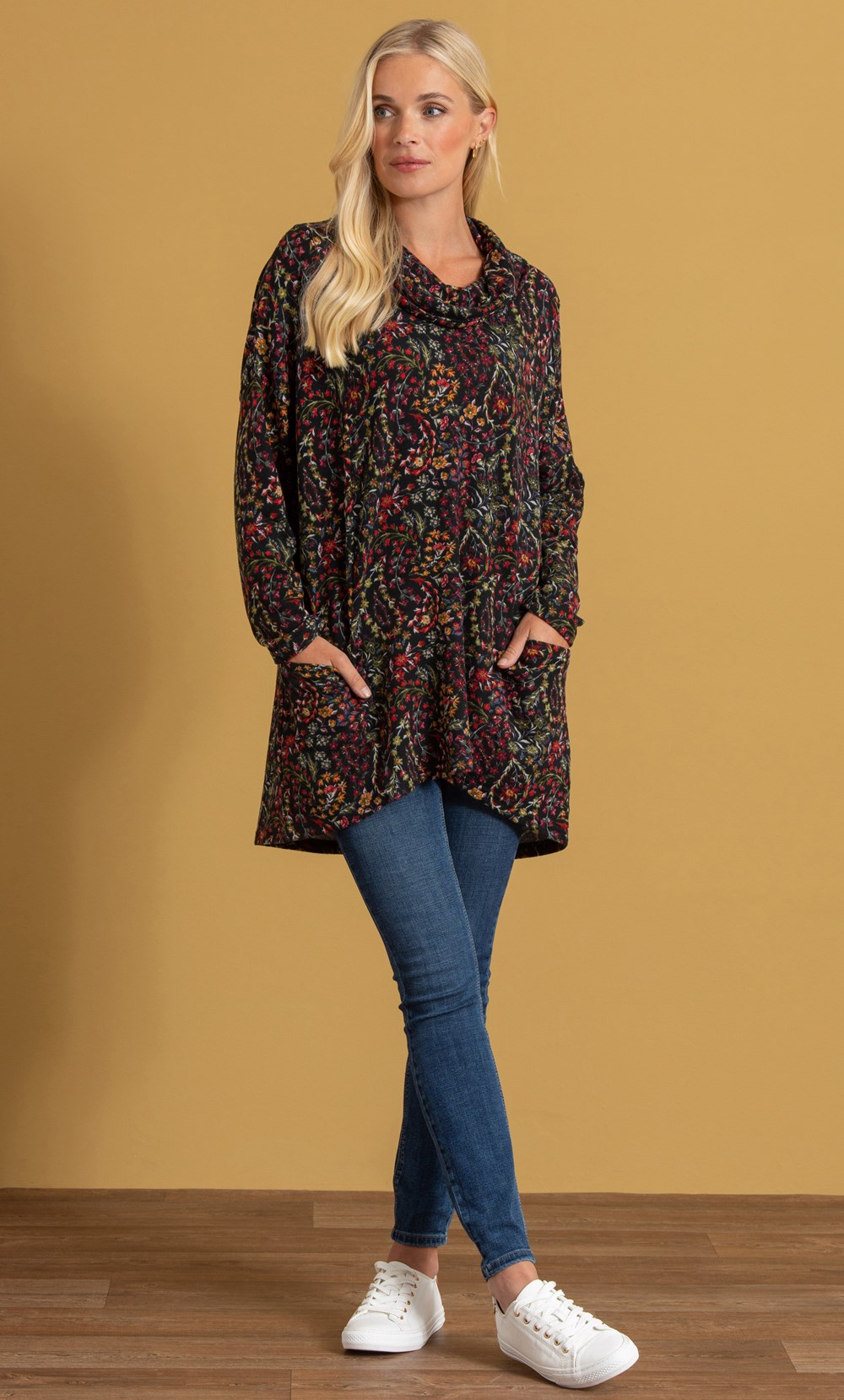 Oversized Brushed Floral Knit Tunic Top in Multi | Klass