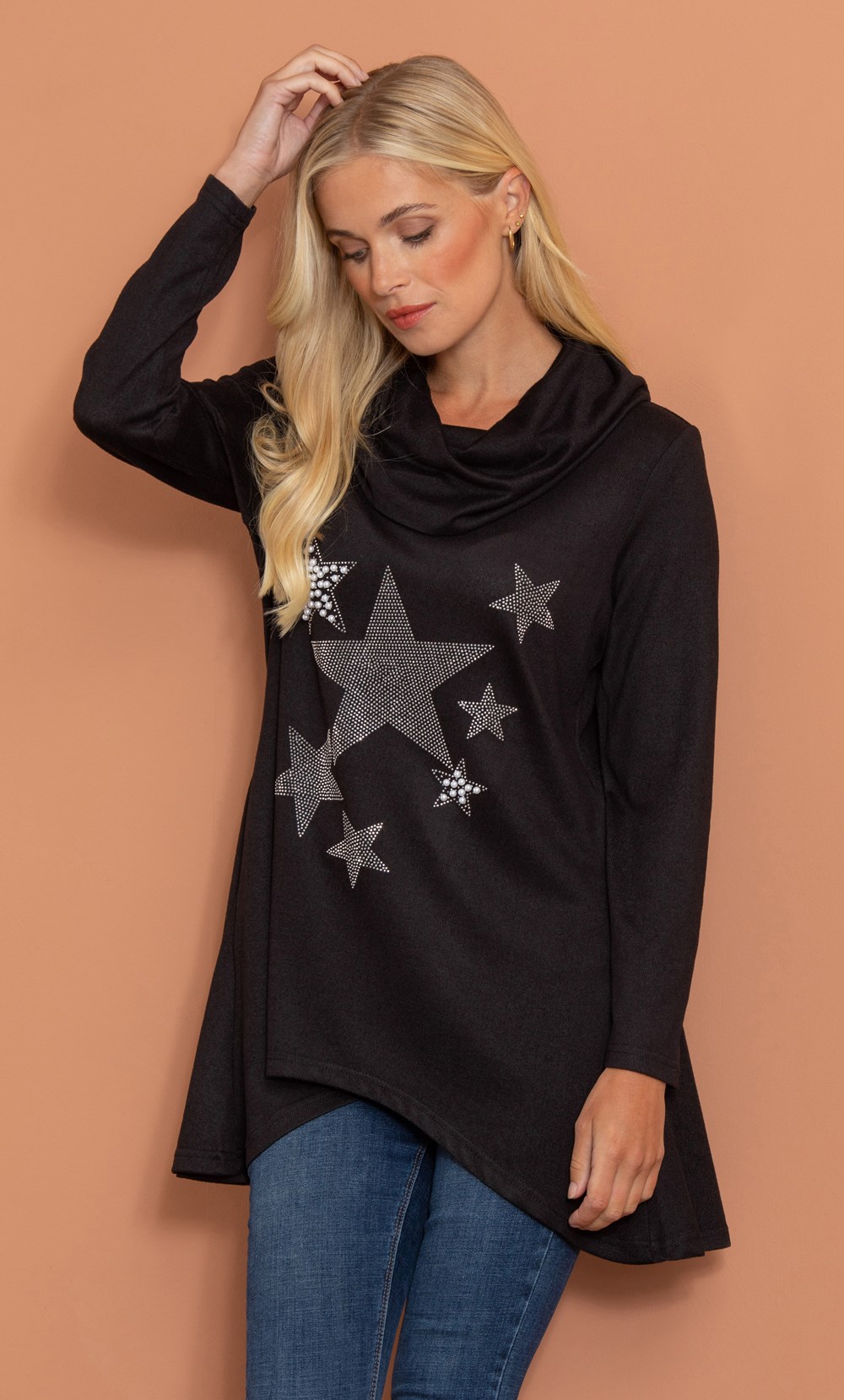 Embellished Star Knitted Tunic Top in Black | Klass