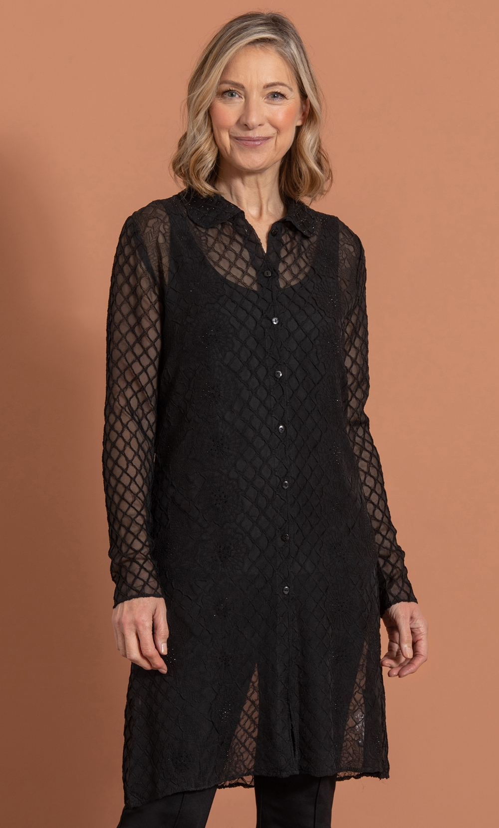 Anna Rose Embellished Textured Semi Sheer Long Shirt