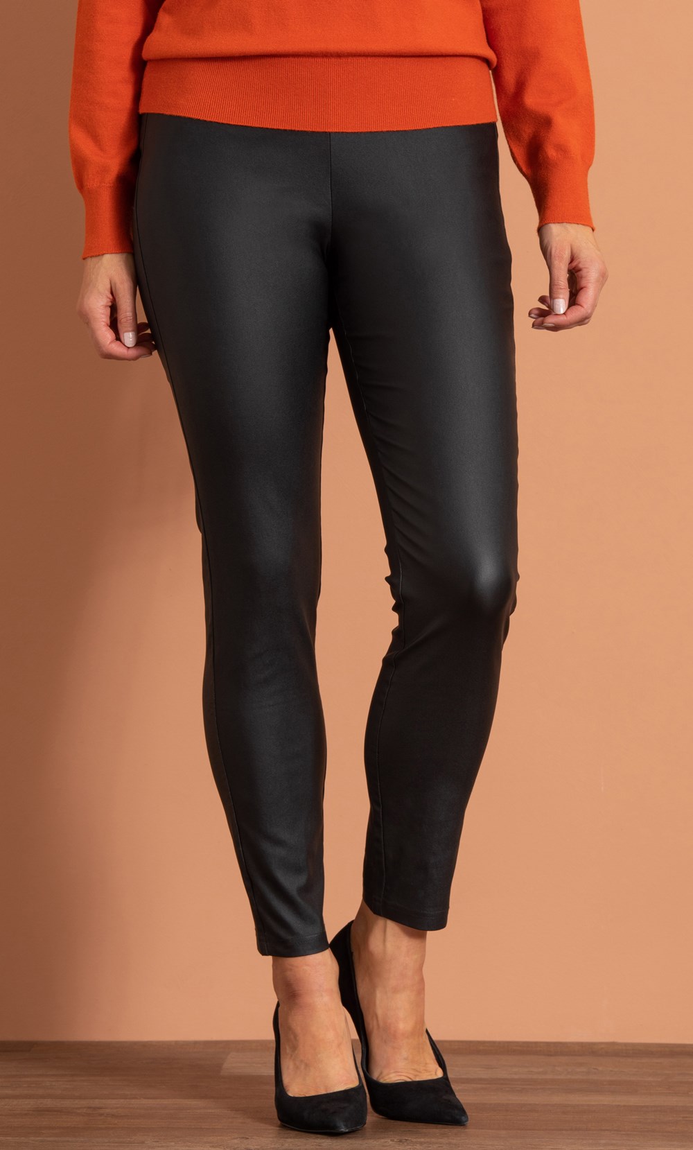 Faux Leather Pull On Slim Leg Trousers