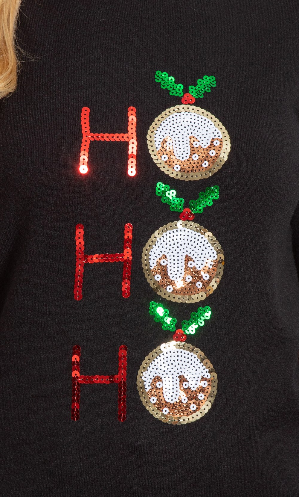 Sequin Ho Ho Ho Christmas Jumper in Black Klass