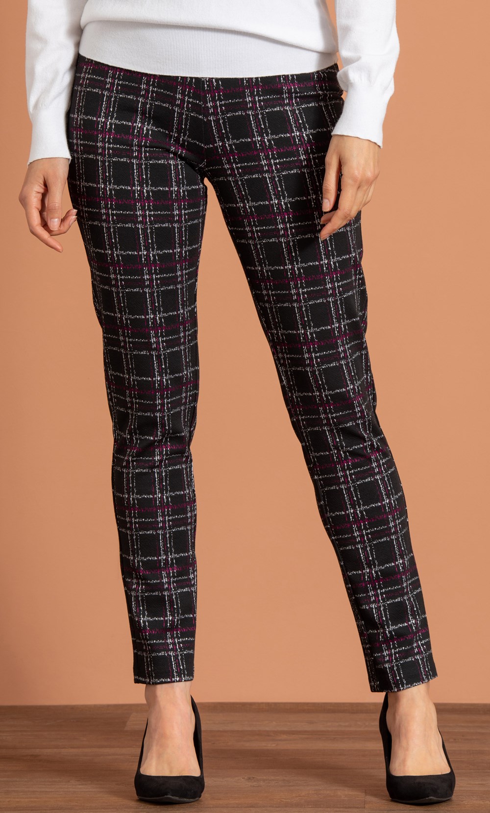 Check Pull On Stretch Fitted Trousers