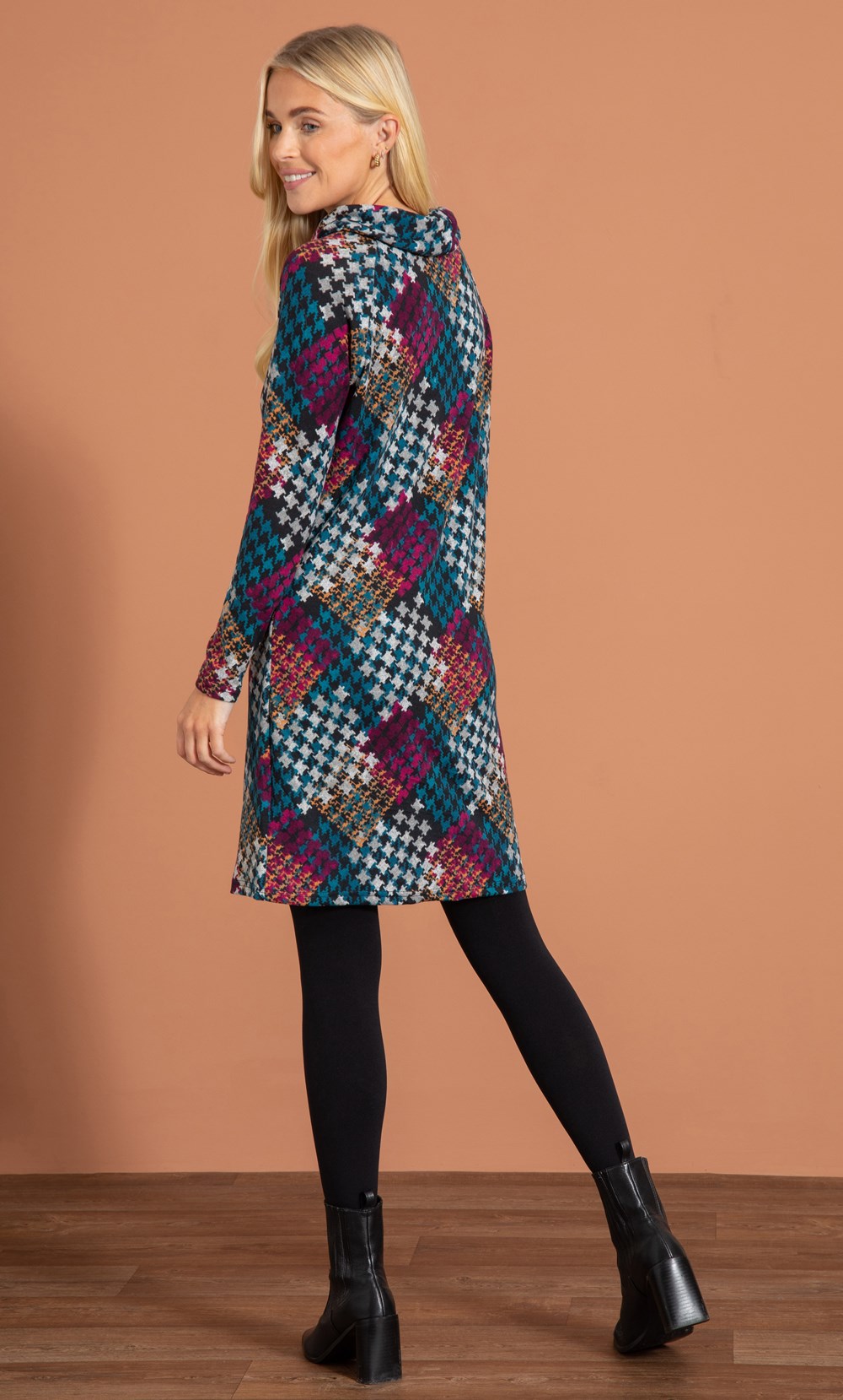Knitted Cowl Neck Printed Dress