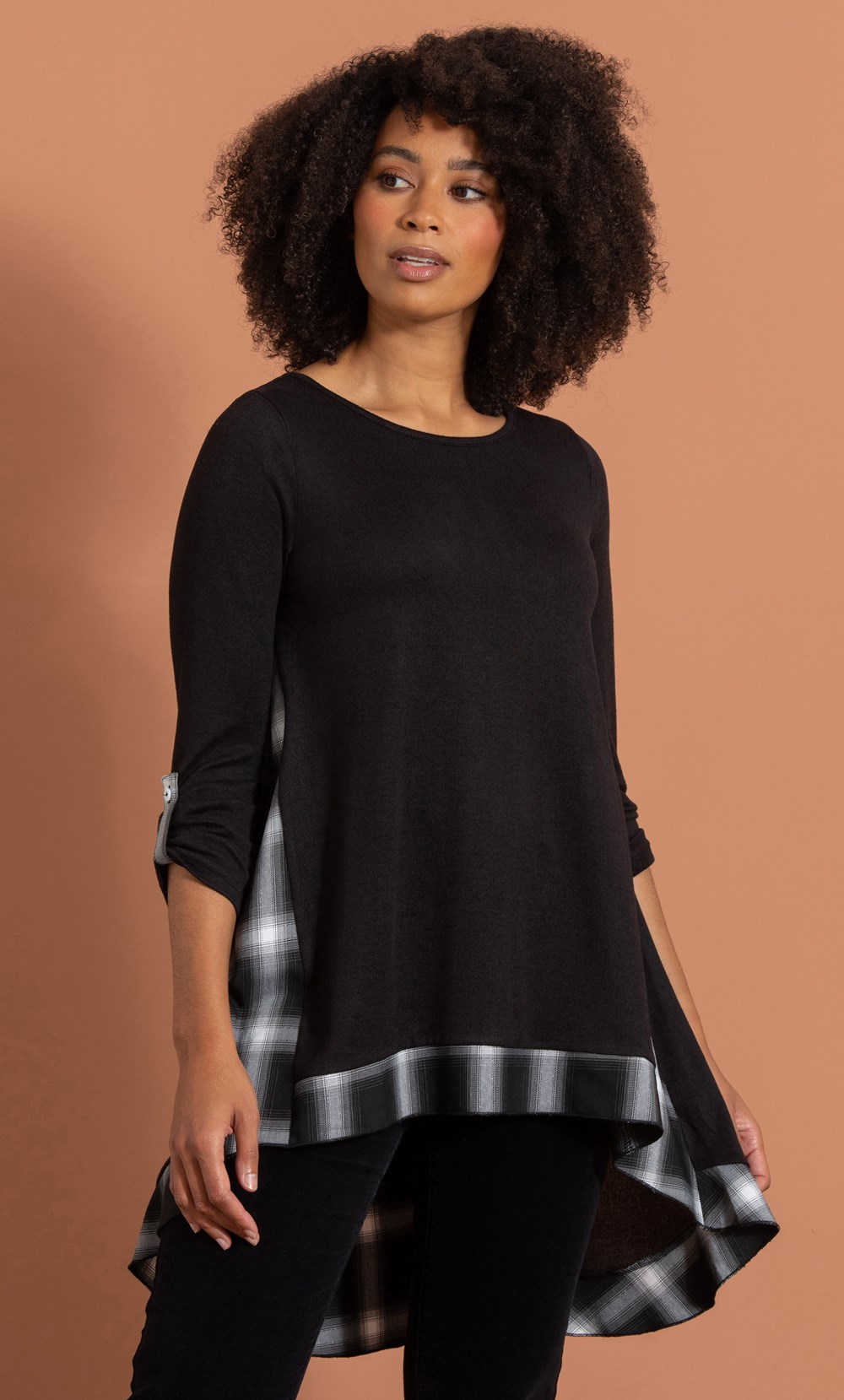 Check Panel Knitted Tunic Top