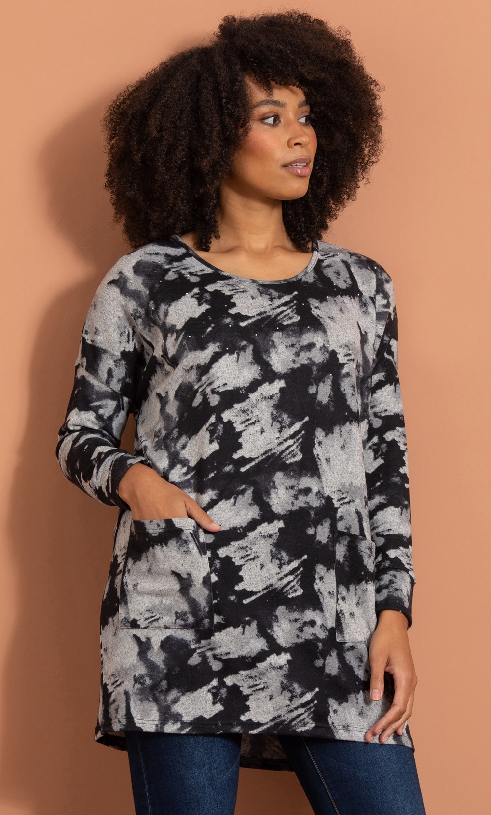 Embellished Loose Fit Printed Knit Tunic Top