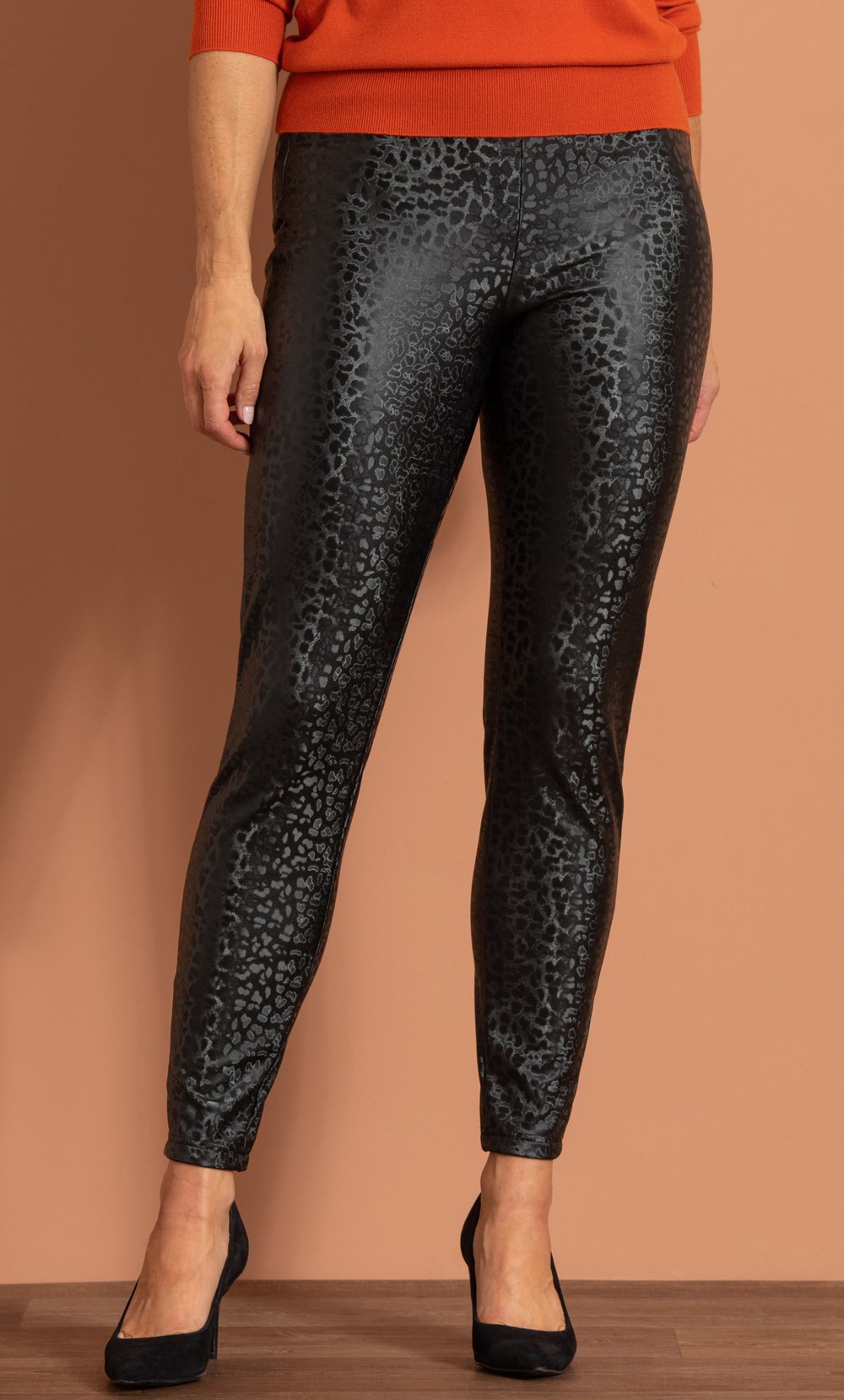 Animal Print Fleece Lined Faux Leather Trousers