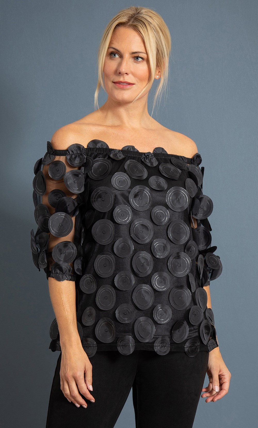 Layered Circle Applique Mesh Top