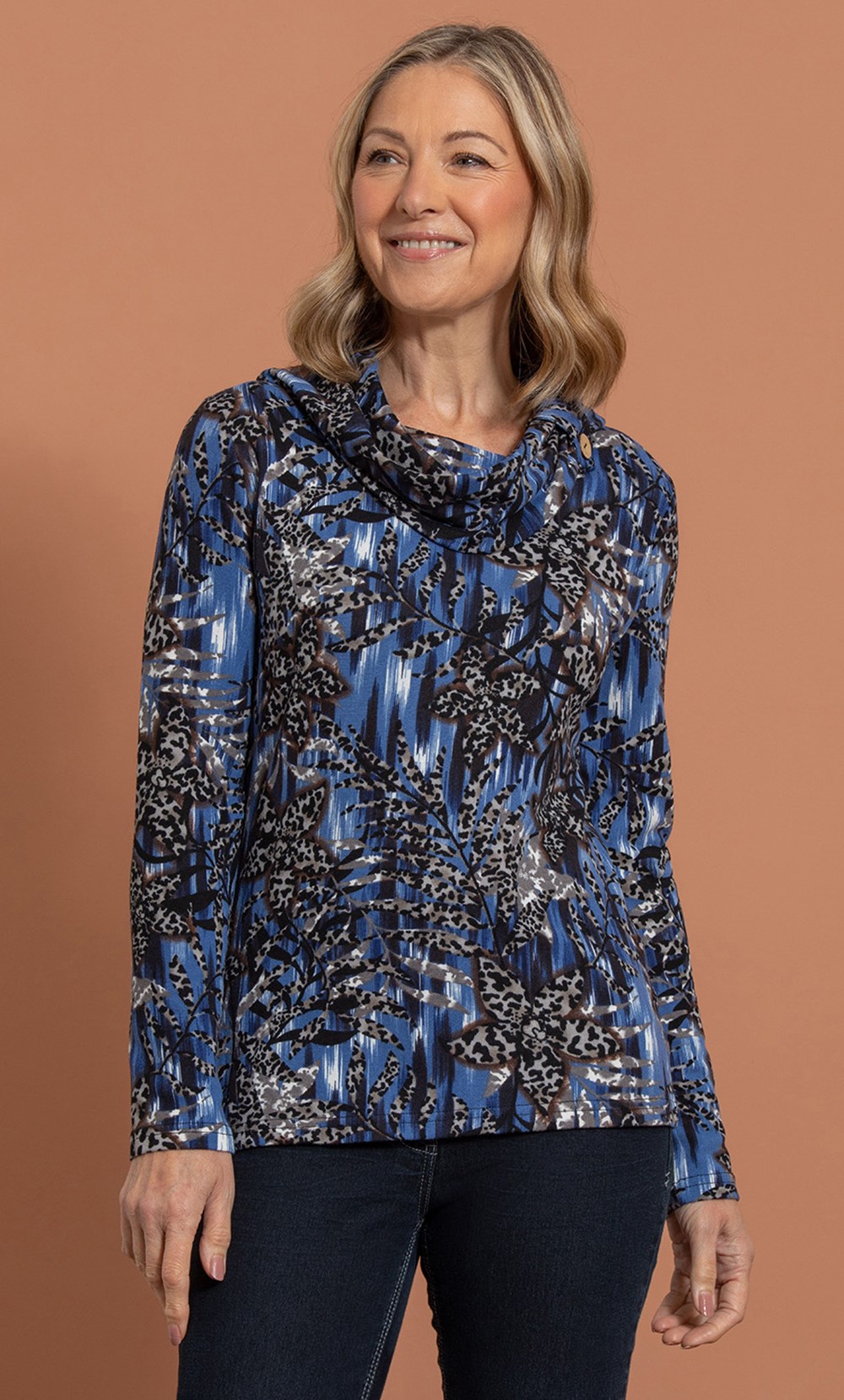 Brands - Anna Rose Anna Rose Printed Brushed Knit Top With Scarf Blue Multi Women’s