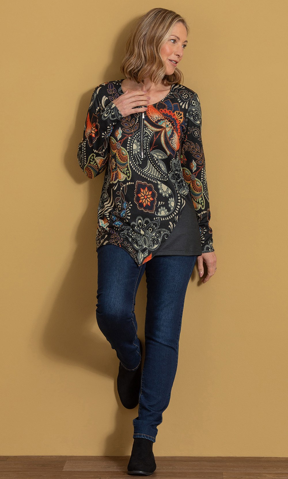 Anna Rose Floral Print Zip Top