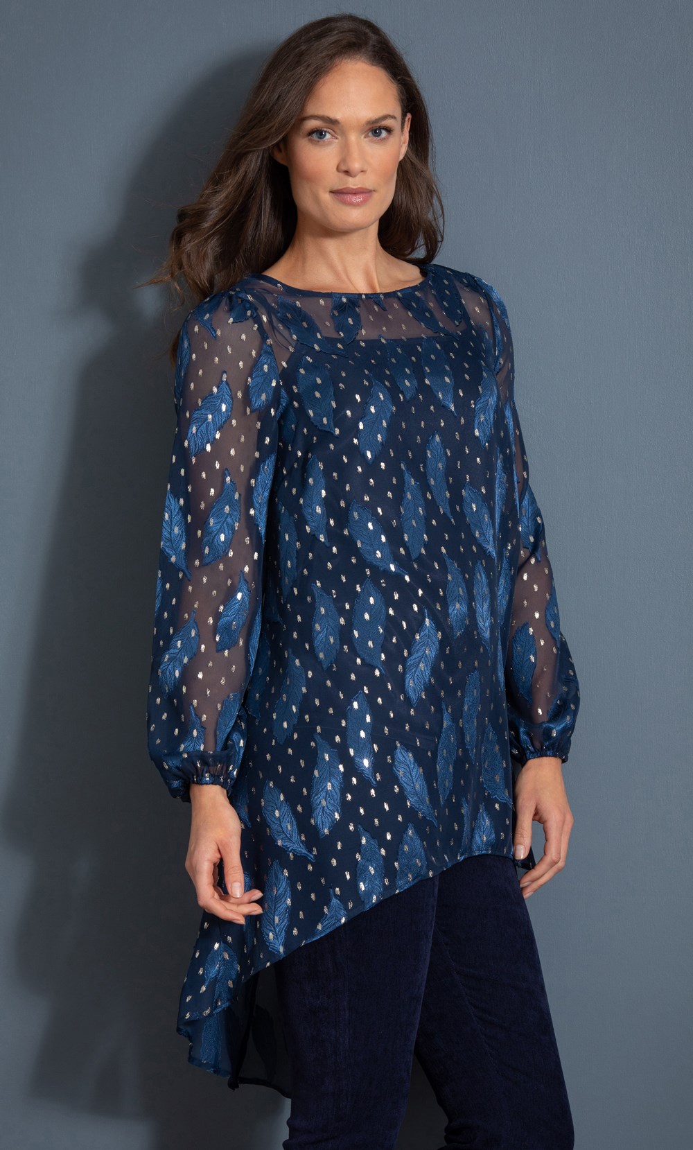 Feather Shimmer Dip Hem Georgette Tunic Top