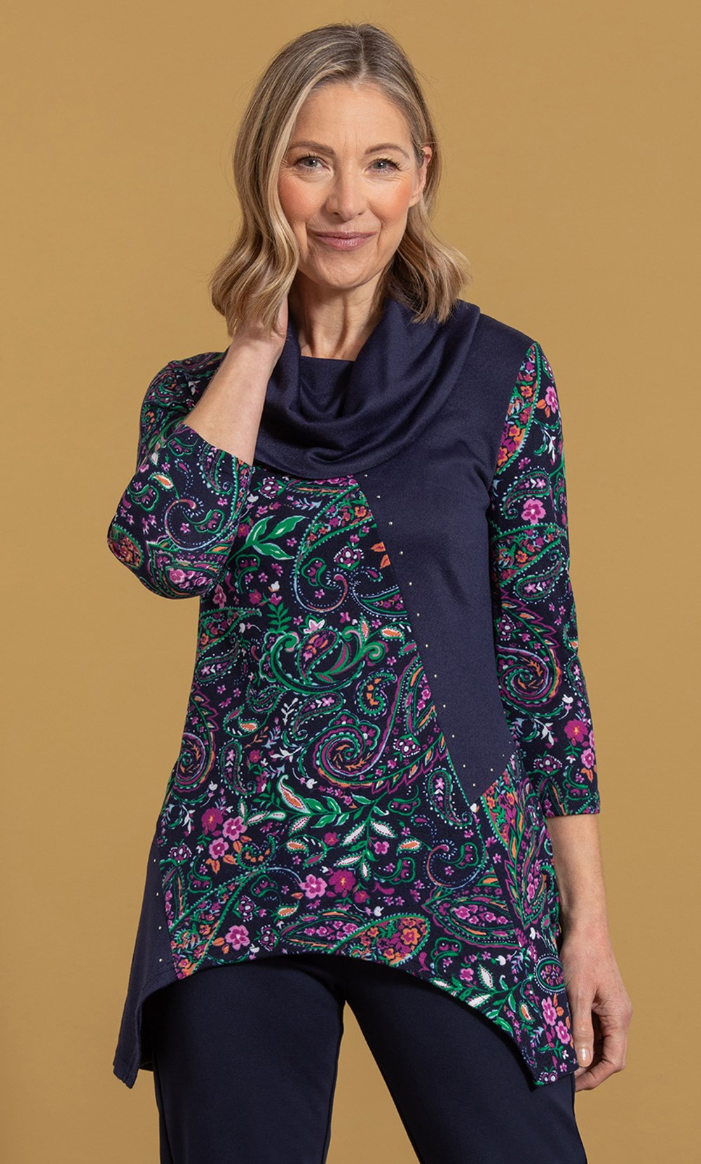 Anna Rose Embellished Paisley Print Cowl Neck Top