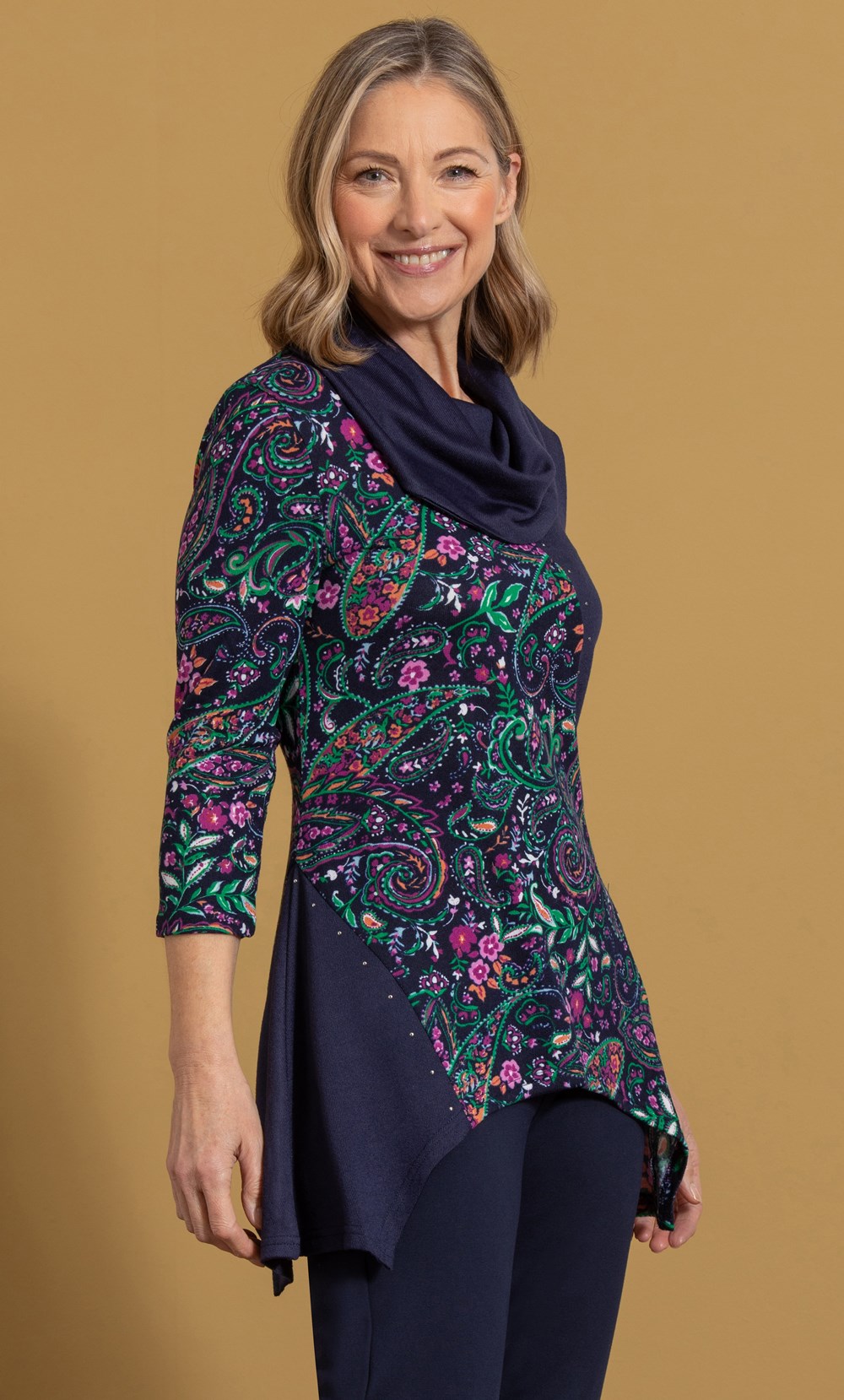 Anna Rose Embellished Paisley Print Cowl Neck Top