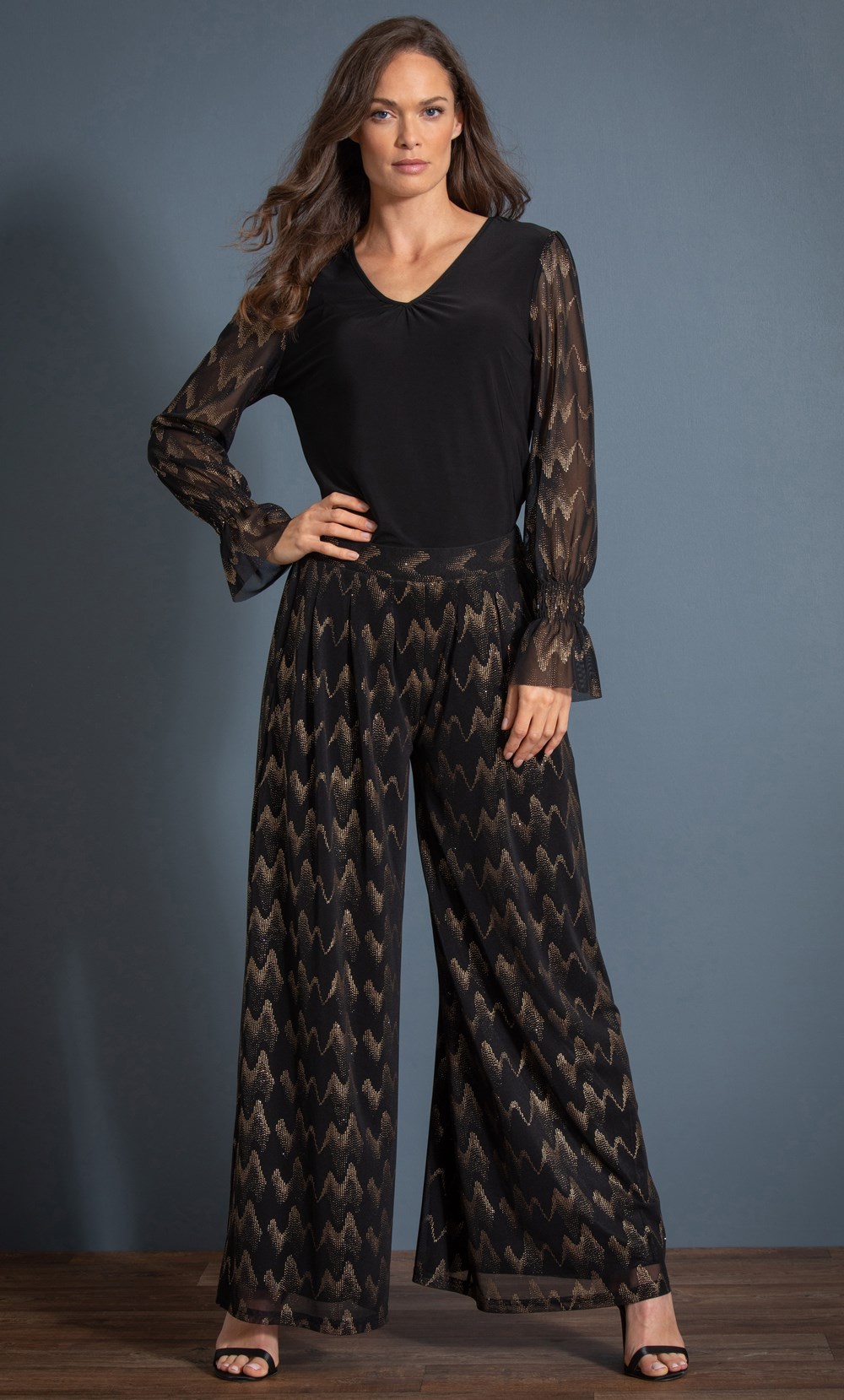 Wide Leg Foil Mesh Printed Trousers