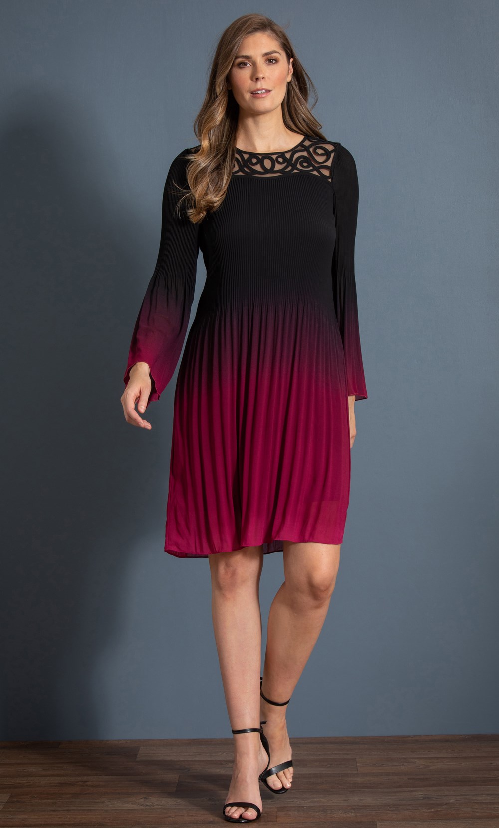 Ombre Pleated Cornelli Trim Dress