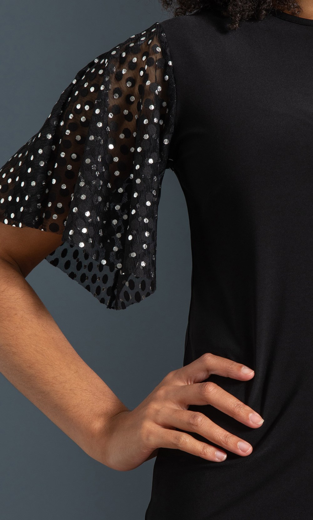 Foil Spot Mesh Sleeve Top