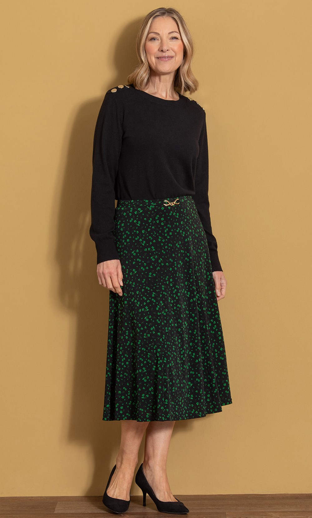 Brands - Anna Rose Anna Rose Floral Print Pull On Midi Skirt Black/Emerald Women’s