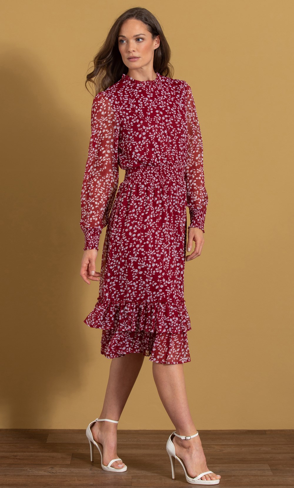 Brands - Klass Leaf Printed Chiffon Midi Dress Claret Women’s