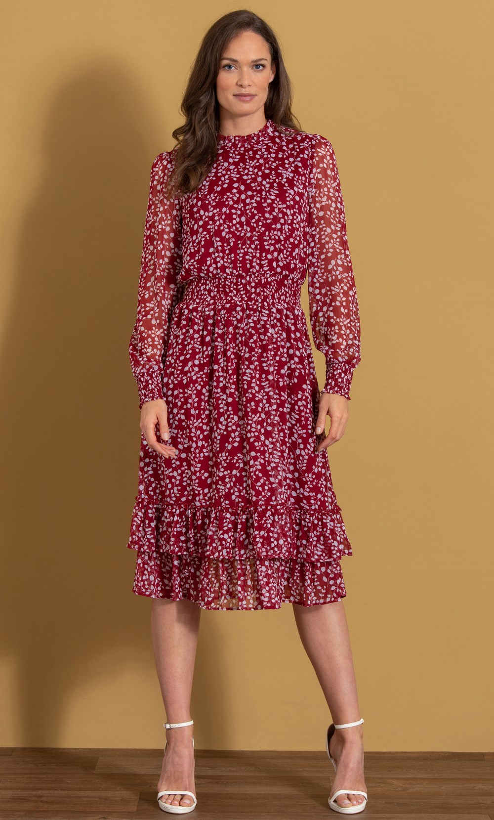 Leaf Printed Chiffon Midi Dress