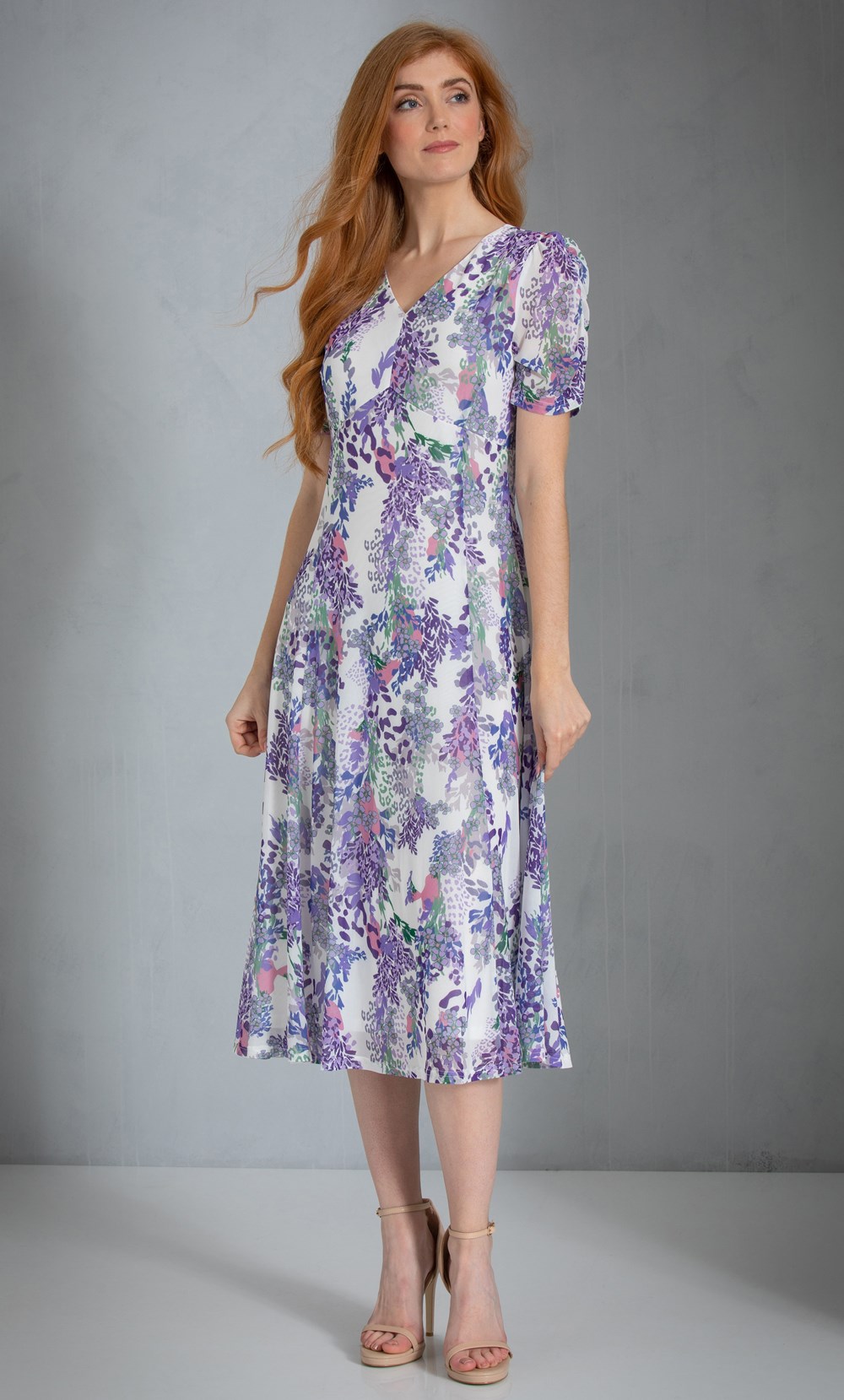 Brands - Klass Floral Printed Mesh Midi Dress Ivory/Lavender/Multi Women’s