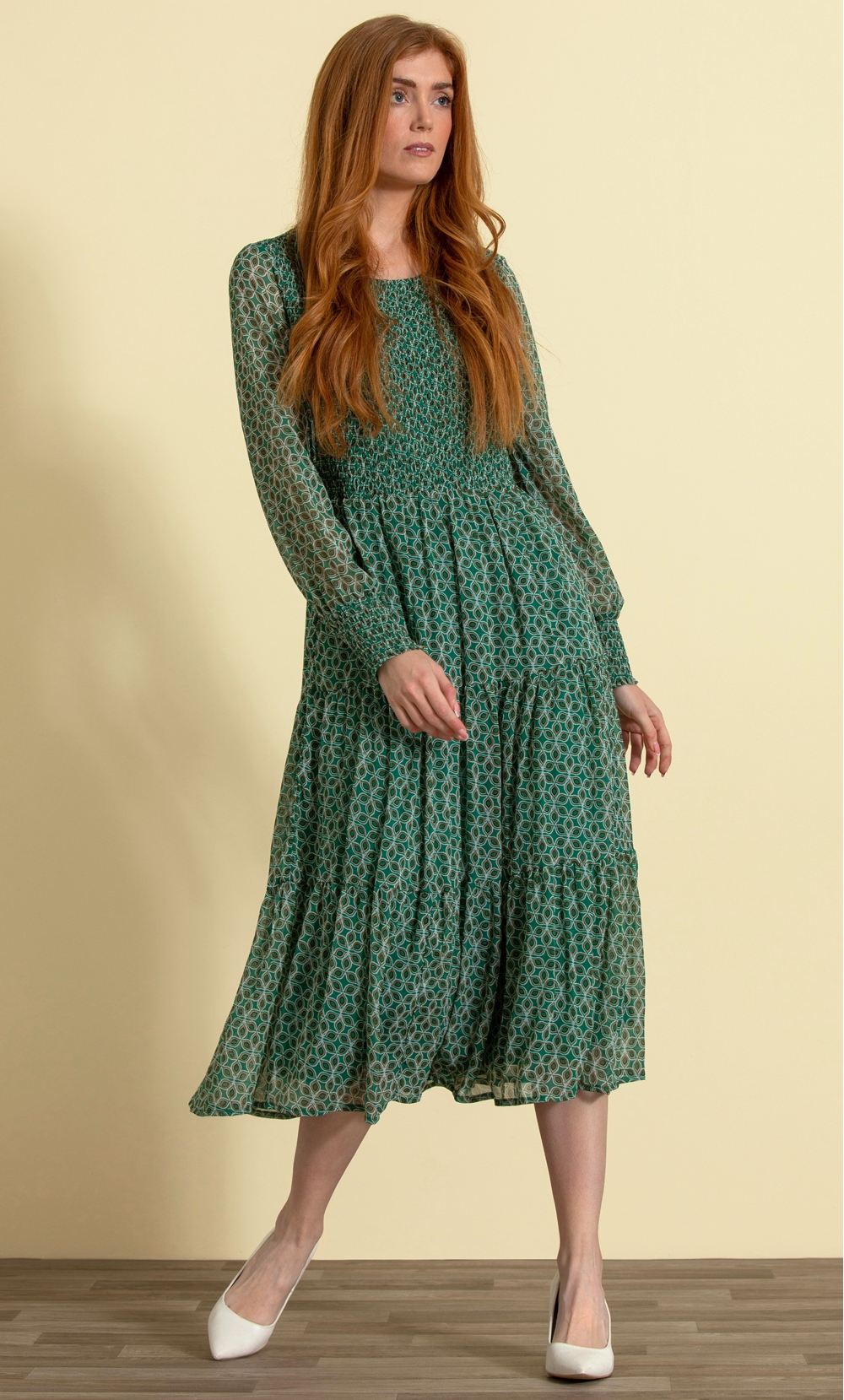 Brands - Klass Long Sleeve Printed Chiffon Midaxi Dress Fern/Green Women’s